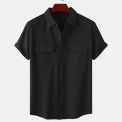 Clearance OUKU Men's Linen Shirt Turndown Summer Short Sleeve Light Pink White Light Green Plain Casual Holiday Clothing Apparel