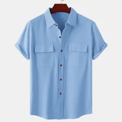 Clearance OUKU Men's Linen Shirt Turndown Summer Short Sleeve Light Pink White Light Green Plain Casual Holiday Clothing Apparel