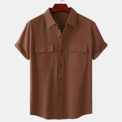 Clearance OUKU Men's Linen Shirt Turndown Summer Short Sleeve Light Pink White Light Green Plain Casual Holiday Clothing Apparel