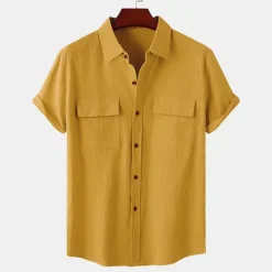 Clearance OUKU Men's Linen Shirt Turndown Summer Short Sleeve Light Pink White Light Green Plain Casual Holiday Clothing Apparel