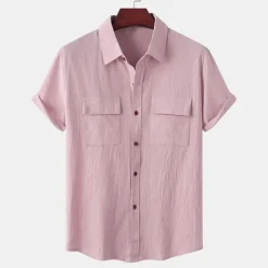 Clearance OUKU Men's Linen Shirt Turndown Summer Short Sleeve Light Pink White Light Green Plain Casual Holiday Clothing Apparel
