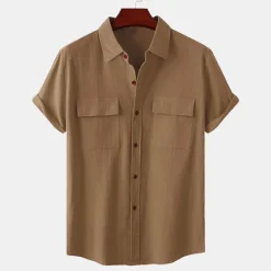 Clearance OUKU Men's Linen Shirt Turndown Summer Short Sleeve Light Pink White Light Green Plain Casual Holiday Clothing Apparel