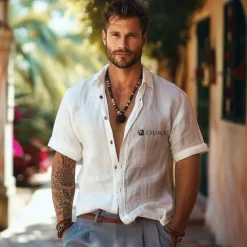 Clearance OUKU Men's Linen Shirt Short Sleeve Solid Color Floral Graphic Turndown Shirt Collar Outdoor Graphic Clothing Apparel Casual Daily White