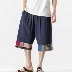 Discount OUKU Men's Linen Shorts Capri Pants Patchwork Drawstring Elastic Waist Plain Comfort Breathable Outdoor Daily Going out Linen / Cotton Blend Fashion Casual Black Dark Blue
