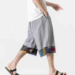 Discount OUKU Men's Linen Shorts Capri Pants Patchwork Drawstring Elastic Waist Plain Comfort Breathable Outdoor Daily Going out Linen / Cotton Blend Fashion Casual Black Dark Blue