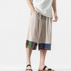 Discount OUKU Men's Linen Shorts Capri Pants Patchwork Drawstring Elastic Waist Plain Comfort Breathable Outdoor Daily Going out Linen / Cotton Blend Fashion Casual Black Dark Blue