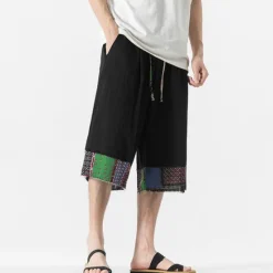 Discount OUKU Men's Linen Shorts Capri Pants Patchwork Drawstring Elastic Waist Plain Comfort Breathable Outdoor Daily Going out Linen / Cotton Blend Fashion Casual Black Dark Blue