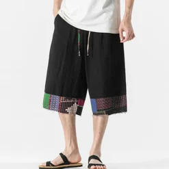 Discount OUKU Men's Linen Shorts Capri Pants Patchwork Drawstring Elastic Waist Plain Comfort Breathable Outdoor Daily Going out Linen / Cotton Blend Fashion Casual Black Dark Blue