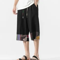 Discount OUKU Men's Linen Shorts Capri Pants Patchwork Drawstring Elastic Waist Plain Comfort Breathable Outdoor Daily Going out Linen / Cotton Blend Fashion Casual Black Dark Blue