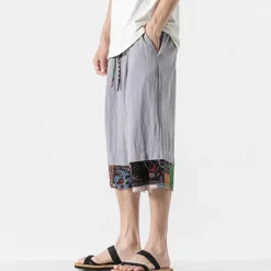 Discount OUKU Men's Linen Shorts Capri Pants Patchwork Drawstring Elastic Waist Plain Comfort Breathable Outdoor Daily Going out Linen / Cotton Blend Fashion Casual Black Dark Blue