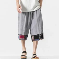 Discount OUKU Men's Linen Shorts Capri Pants Patchwork Drawstring Elastic Waist Plain Comfort Breathable Outdoor Daily Going out Linen / Cotton Blend Fashion Casual Black Dark Blue