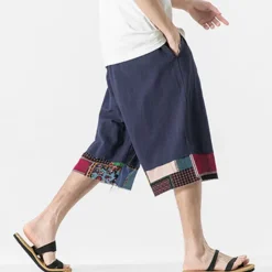 Discount OUKU Men's Linen Shorts Capri Pants Patchwork Drawstring Elastic Waist Plain Comfort Breathable Outdoor Daily Going out Linen / Cotton Blend Fashion Casual Black Dark Blue
