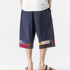 Discount OUKU Men's Linen Shorts Capri Pants Patchwork Drawstring Elastic Waist Plain Comfort Breathable Outdoor Daily Going out Linen / Cotton Blend Fashion Casual Black Dark Blue