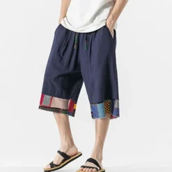 Discount OUKU Men's Linen Shorts Capri Pants Patchwork Drawstring Elastic Waist Plain Comfort Breathable Outdoor Daily Going out Linen / Cotton Blend Fashion Casual Black Dark Blue