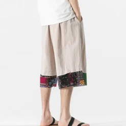 Discount OUKU Men's Linen Shorts Capri Pants Patchwork Drawstring Elastic Waist Plain Comfort Breathable Outdoor Daily Going out Linen / Cotton Blend Fashion Casual Black Dark Blue