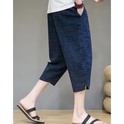 OUKU Men's Linen Shorts Summer Shorts Capri Pants Plain Comfort Breathable Outdoor Daily Going out Linen / Cotton Blend Fashion Casual Black Dark Blue