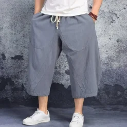 Discount OUKU Men's Linen Shorts Summer Shorts Capri Pants Pocket Drawstring Elastic Waist Plain Comfort Breathable Calf-Length Casual Holiday Going out Stylish Classic Black White