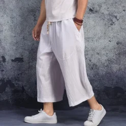 Discount OUKU Men's Linen Shorts Summer Shorts Capri Pants Pocket Drawstring Elastic Waist Plain Comfort Breathable Calf-Length Casual Holiday Going out Stylish Classic Black White