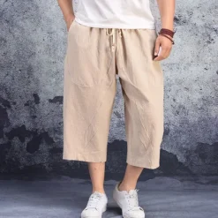 Discount OUKU Men's Linen Shorts Summer Shorts Capri Pants Pocket Drawstring Elastic Waist Plain Comfort Breathable Calf-Length Casual Holiday Going out Stylish Classic Black White
