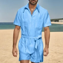 Discount OUKU Men's Linen Shorts Summer Shorts Jumpsuit Pocket With Belt Plain Comfort Short Sports Outdoor Daily Holiday Fashion Designer White Blue