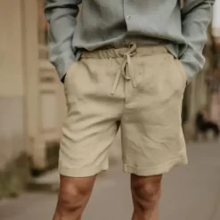 Online OUKU Men's Linen Shorts Summer Shorts Beach Shorts Pocket Drawstring Elastic Waist Plain Comfort Breathable Short Vacation Holiday Beach Hawaiian Boho Black White