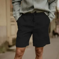 Online OUKU Men's Linen Shorts Summer Shorts Beach Shorts Pocket Drawstring Elastic Waist Plain Comfort Breathable Short Vacation Holiday Beach Hawaiian Boho Black White