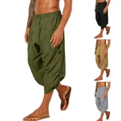 Best OUKU Men's Linen Shorts Summer Shorts Bloomers Baggy Pants Beach Shorts Elastic Drawstring Design Front Pocket Plain Comfort Soft Calf-Length Casual Daily Sports Fashion Black White