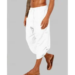 Best OUKU Men's Linen Shorts Summer Shorts Bloomers Baggy Pants Beach Shorts Elastic Drawstring Design Front Pocket Plain Comfort Soft Calf-Length Casual Daily Sports Fashion Black White