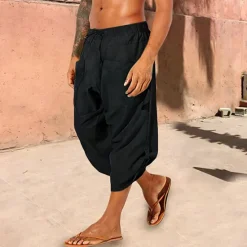 Best OUKU Men's Linen Shorts Summer Shorts Bloomers Baggy Pants Beach Shorts Elastic Drawstring Design Front Pocket Plain Comfort Soft Calf-Length Casual Daily Sports Fashion Black White