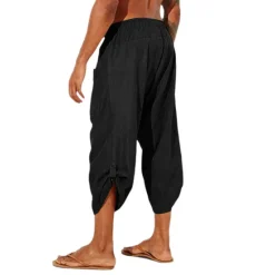 Best OUKU Men's Linen Shorts Summer Shorts Bloomers Baggy Pants Beach Shorts Elastic Drawstring Design Front Pocket Plain Comfort Soft Calf-Length Casual Daily Sports Fashion Black White