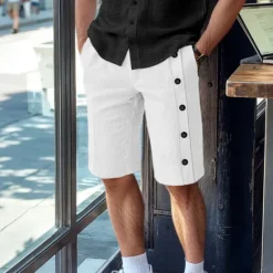 New OUKU Men's Linen Shorts Summer Shorts Bermuda shorts Buttons Pocket Straight Leg Plain Comfort Breathable Short Business Designer Stylish White Army Green