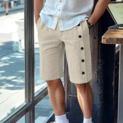 New OUKU Men's Linen Shorts Summer Shorts Bermuda shorts Buttons Pocket Straight Leg Plain Comfort Breathable Short Business Designer Stylish White Army Green