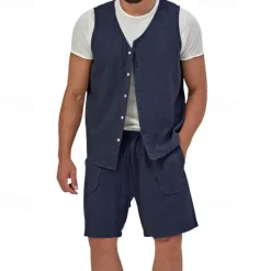Best OUKU Men's Linen Shorts Summer Shorts Beach Shorts Set Pocket Drawstring Elastic Waist Plain Comfort Breathable Short Holiday Vacation Beach Hawaiian Boho Black Yellow