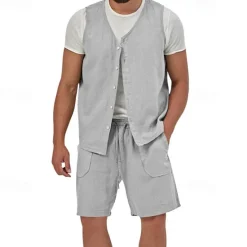 Best OUKU Men's Linen Shorts Summer Shorts Beach Shorts Set Pocket Drawstring Elastic Waist Plain Comfort Breathable Short Holiday Vacation Beach Hawaiian Boho Black Yellow
