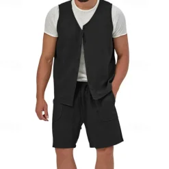 Best OUKU Men's Linen Shorts Summer Shorts Beach Shorts Set Pocket Drawstring Elastic Waist Plain Comfort Breathable Short Holiday Vacation Beach Hawaiian Boho Black Yellow