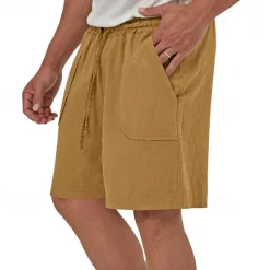 Best OUKU Men's Linen Shorts Summer Shorts Beach Shorts Set Pocket Drawstring Elastic Waist Plain Comfort Breathable Short Holiday Vacation Beach Hawaiian Boho Black Yellow