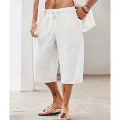 Discount OUKU Men's Linen Shorts Summer Shorts Beach Shorts Pocket Drawstring Elastic Waist Plain Comfort Breathable Calf-Length Holiday Vacation Beach Hawaiian Boho Dark Khaki Black