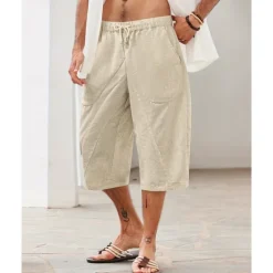 Discount OUKU Men's Linen Shorts Summer Shorts Beach Shorts Pocket Drawstring Elastic Waist Plain Comfort Breathable Calf-Length Holiday Vacation Beach Hawaiian Boho Dark Khaki Black