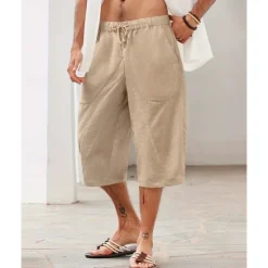 Discount OUKU Men's Linen Shorts Summer Shorts Beach Shorts Pocket Drawstring Elastic Waist Plain Comfort Breathable Calf-Length Holiday Vacation Beach Hawaiian Boho Dark Khaki Black