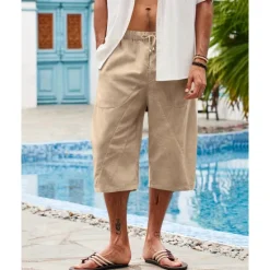 Discount OUKU Men's Linen Shorts Summer Shorts Beach Shorts Pocket Drawstring Elastic Waist Plain Comfort Breathable Calf-Length Holiday Vacation Beach Hawaiian Boho Dark Khaki Black