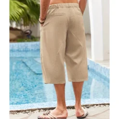 Discount OUKU Men's Linen Shorts Summer Shorts Beach Shorts Pocket Drawstring Elastic Waist Plain Comfort Breathable Calf-Length Holiday Vacation Beach Hawaiian Boho Dark Khaki Black