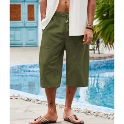 Discount OUKU Men's Linen Shorts Summer Shorts Beach Shorts Pocket Drawstring Elastic Waist Plain Comfort Breathable Calf-Length Holiday Vacation Beach Hawaiian Boho Dark Khaki Black