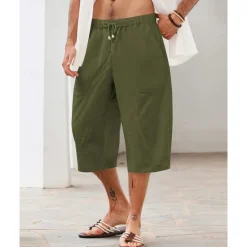 Discount OUKU Men's Linen Shorts Summer Shorts Beach Shorts Pocket Drawstring Elastic Waist Plain Comfort Breathable Calf-Length Holiday Vacation Beach Hawaiian Boho Dark Khaki Black
