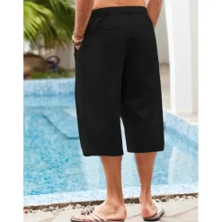 Discount OUKU Men's Linen Shorts Summer Shorts Beach Shorts Pocket Drawstring Elastic Waist Plain Comfort Breathable Calf-Length Holiday Vacation Beach Hawaiian Boho Dark Khaki Black