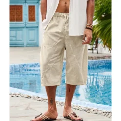 Discount OUKU Men's Linen Shorts Summer Shorts Beach Shorts Pocket Drawstring Elastic Waist Plain Comfort Breathable Calf-Length Holiday Vacation Beach Hawaiian Boho Dark Khaki Black