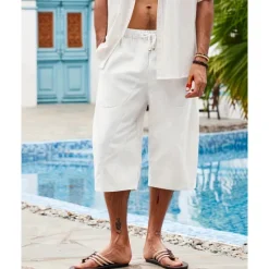 Discount OUKU Men's Linen Shorts Summer Shorts Beach Shorts Pocket Drawstring Elastic Waist Plain Comfort Breathable Calf-Length Holiday Vacation Beach Hawaiian Boho Dark Khaki Black