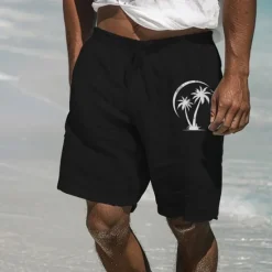 Clearance OUKU Men's Linen Shorts Summer Shorts Beach Shorts Pocket Drawstring Elastic Waist Coconut Tree Comfort Breathable Short Holiday Vacation Beach Hawaiian Boho Black White