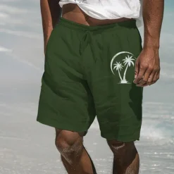 Clearance OUKU Men's Linen Shorts Summer Shorts Beach Shorts Pocket Drawstring Elastic Waist Coconut Tree Comfort Breathable Short Holiday Vacation Beach Hawaiian Boho Black White