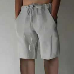 Online OUKU Men's Linen Shorts Summer Shorts Drawstring Elastic Waist Front Pocket Plain Comfort Soft Knee Length Casual Daily Fashion Classic Style Black White