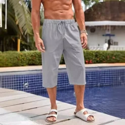 Sale OUKU Men's Linen Shorts Summer Shorts Beach Shorts Capri Pants Pocket Drawstring Elastic Waist Plain Comfort Breathable Calf-Length Holiday Vacation Beach Hawaiian Boho Black White